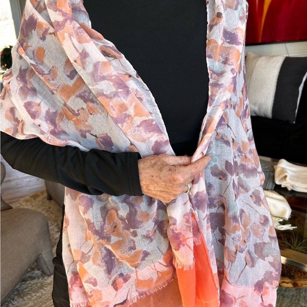 Scarf- orange, purple and cream rectagular scarf. 6’ X 26”